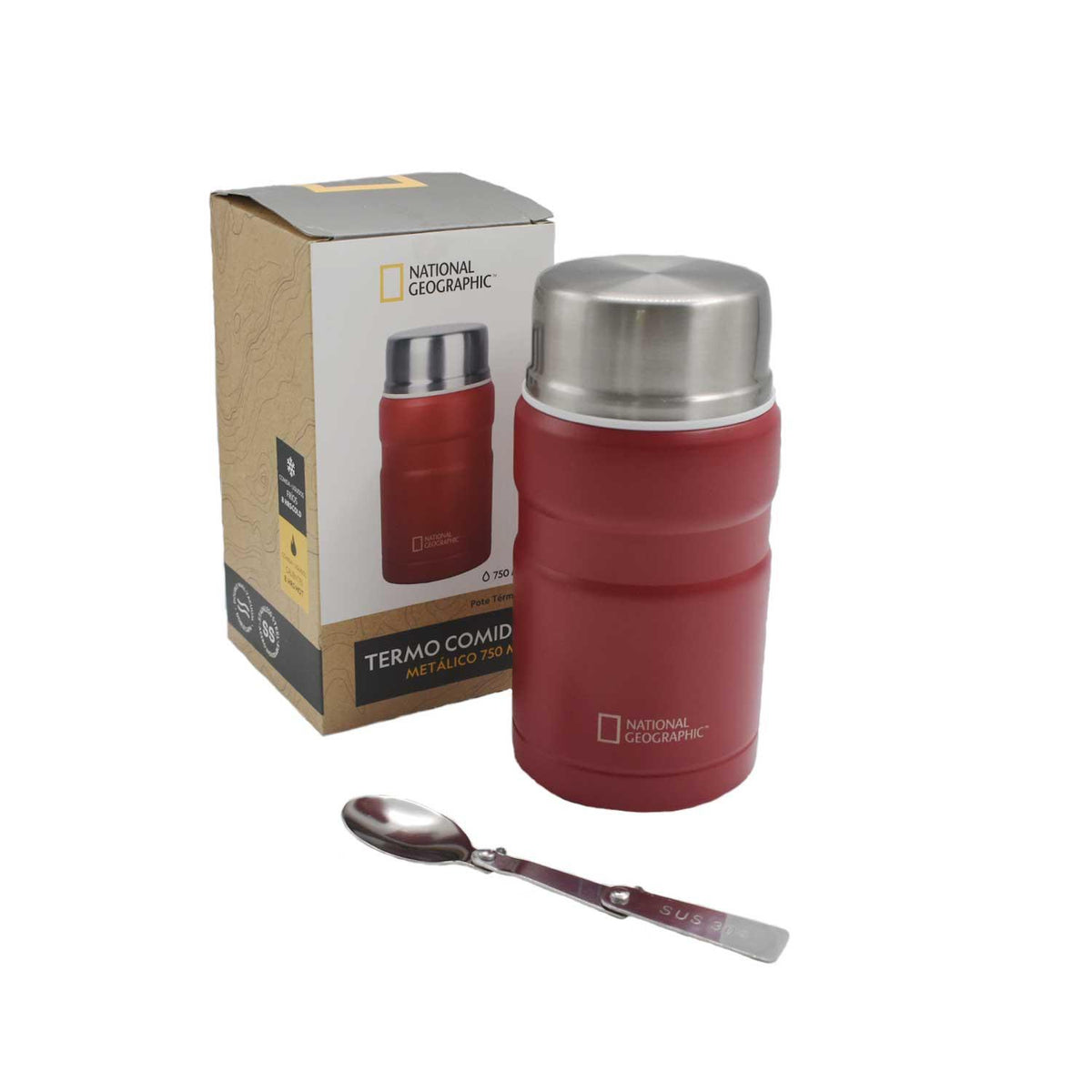 Termo Comida Acero Inoxidable 750ml con cubiertos Rojo