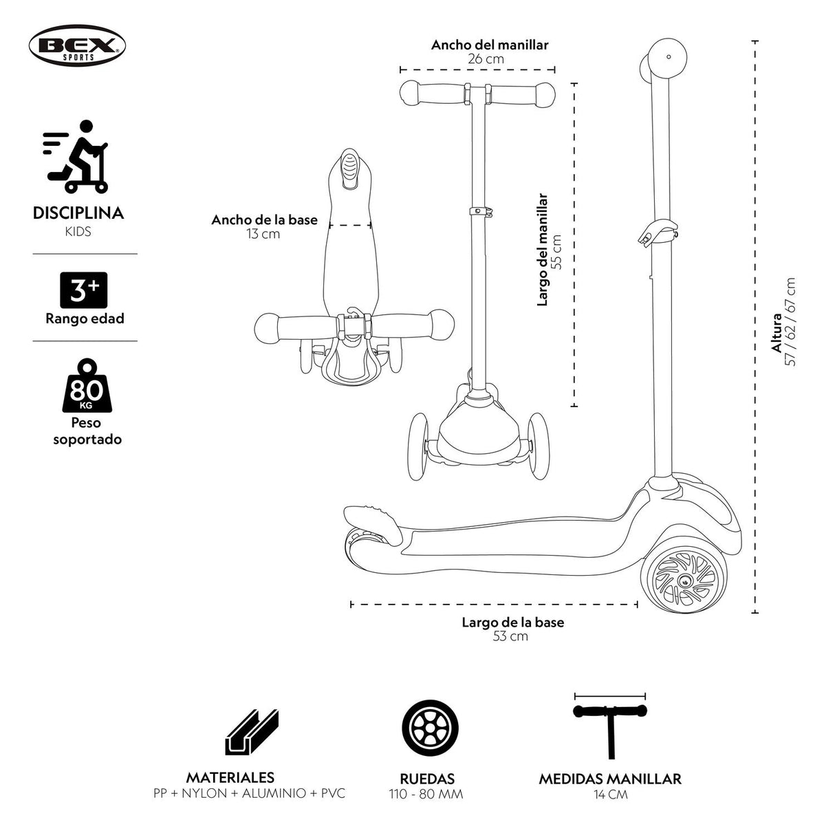 Scooter Monopatin Niño 3 Ruedas Ajustable 50-70Cms Rosa Bex