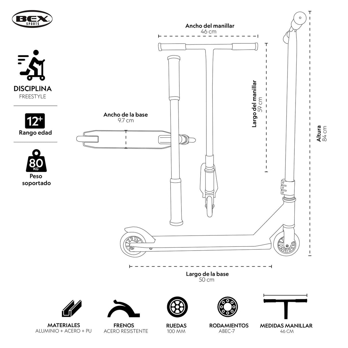 Scooter Freestyle Acrobacia De Salto Blanco Barra 82Cm Bex