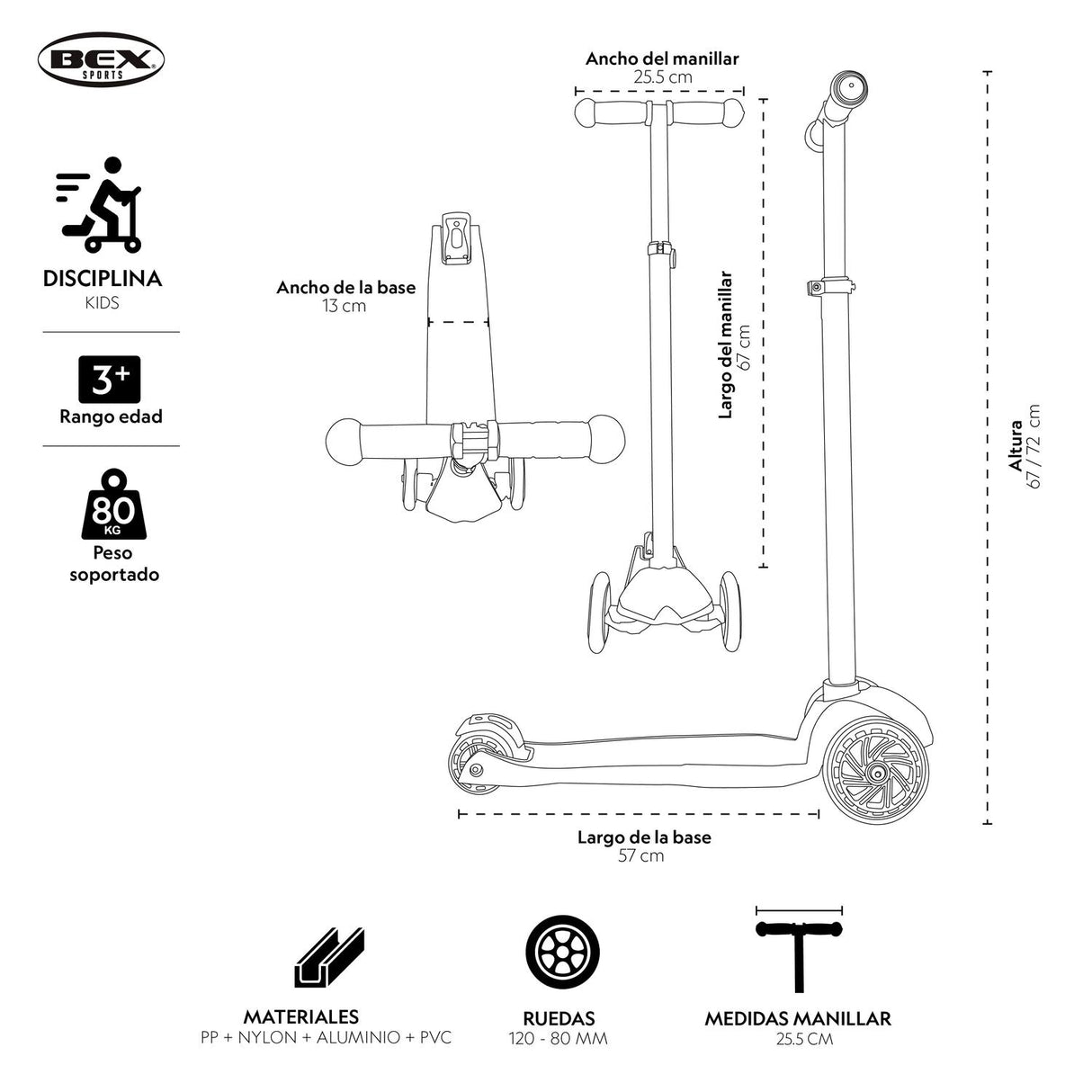 Scooter Monopatin Niño 3 Ruedas Ajustable 63-86 Cms Rosa Bex