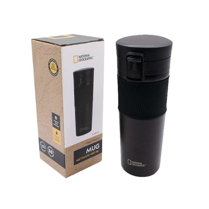 Mug Acero Inoxidable Tapa Con Pulsador y Antideslizante 480ml Negro