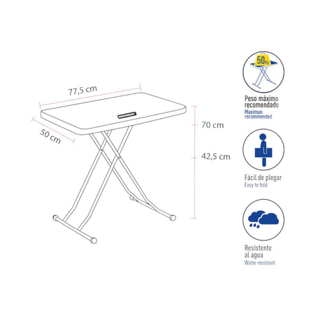 Mesa Plegable Rectangular Ajustable 77.5x50x70 Cms Northwest